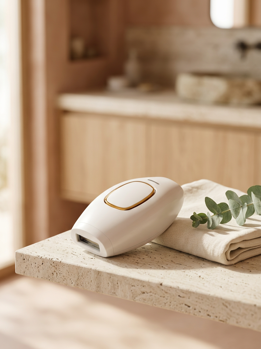 Depiladora láser para casa sobre una repisa de baño · Imagen generada con IA